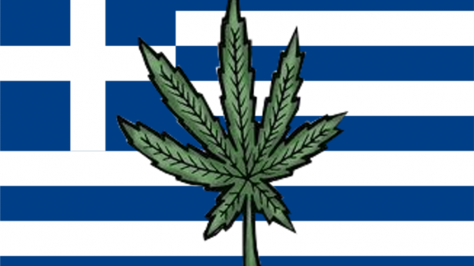 Greek flag and cannabis plant